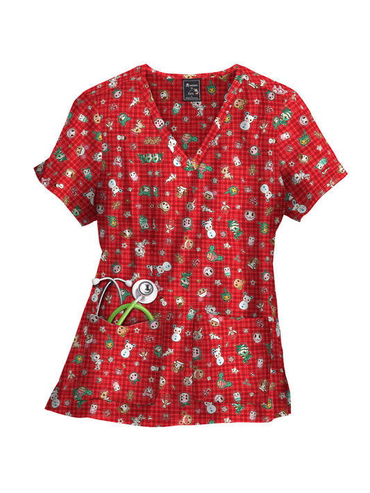 Women's 2-Pocket Sporty V-Neck Print Leslie Scrub Top