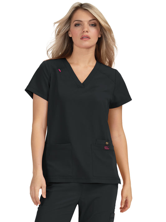 Women's 3-Pocket Snap-Button Placket V-Neck Freesia Scrub Top