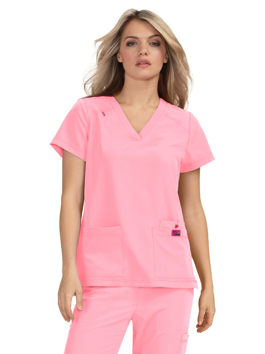 Women's 3-Pocket Snap-Button Placket V-Neck Freesia Scrub Top