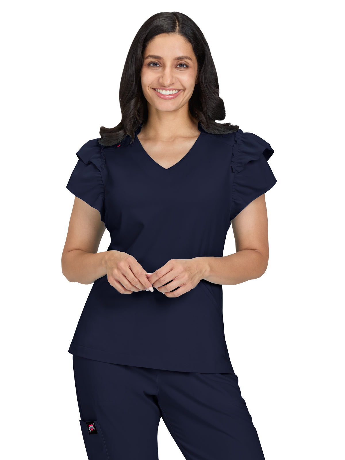 Women's 2-Pocket Ruffle Sleeve and Ruffle Collar Clary Scrub Top