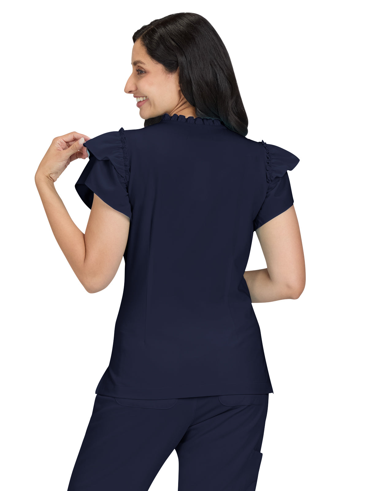 Women's 2-Pocket Ruffle Sleeve and Ruffle Collar Clary Scrub Top