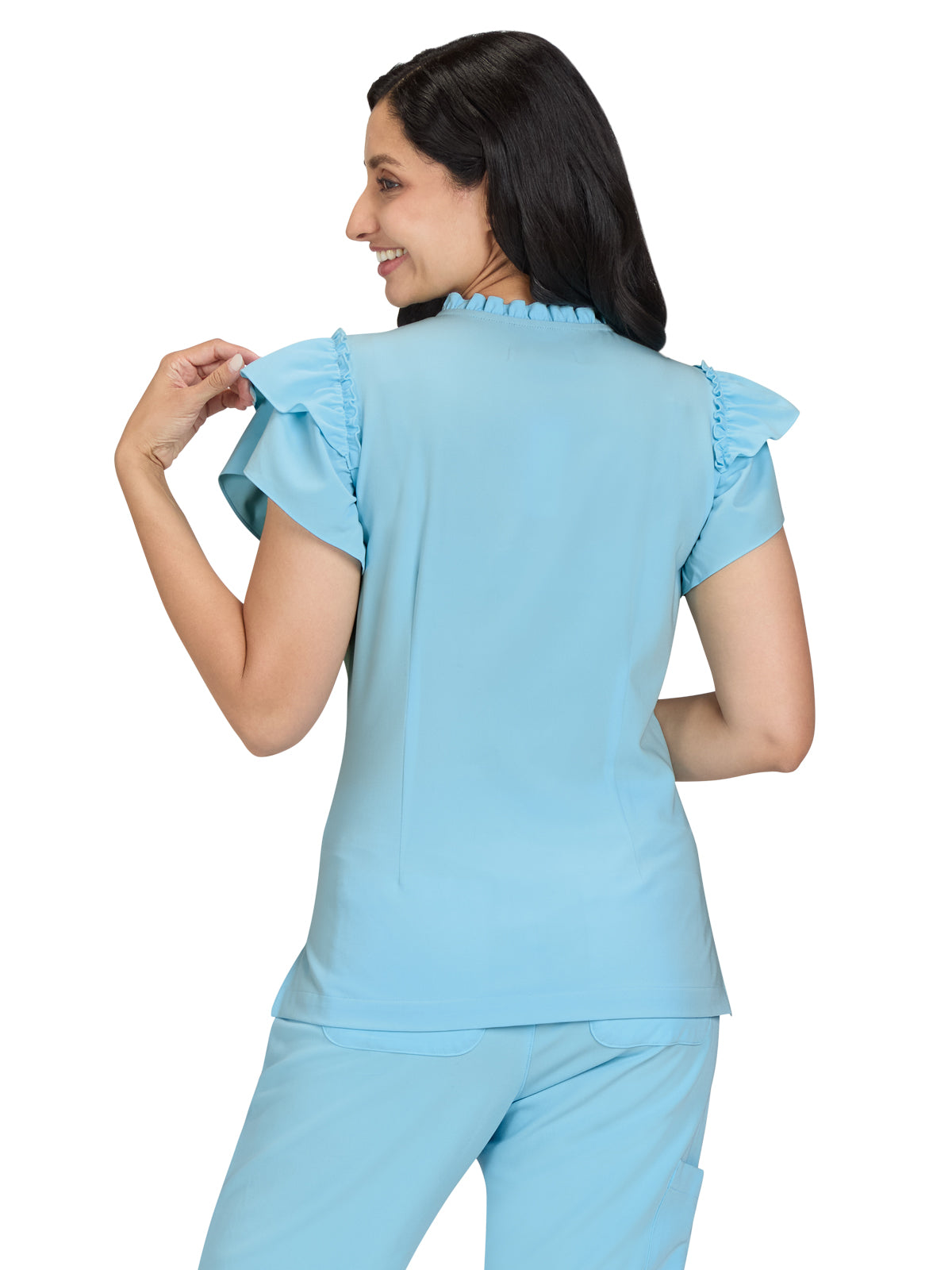 Women's 2-Pocket Ruffle Sleeve and Ruffle Collar Clary Scrub Top