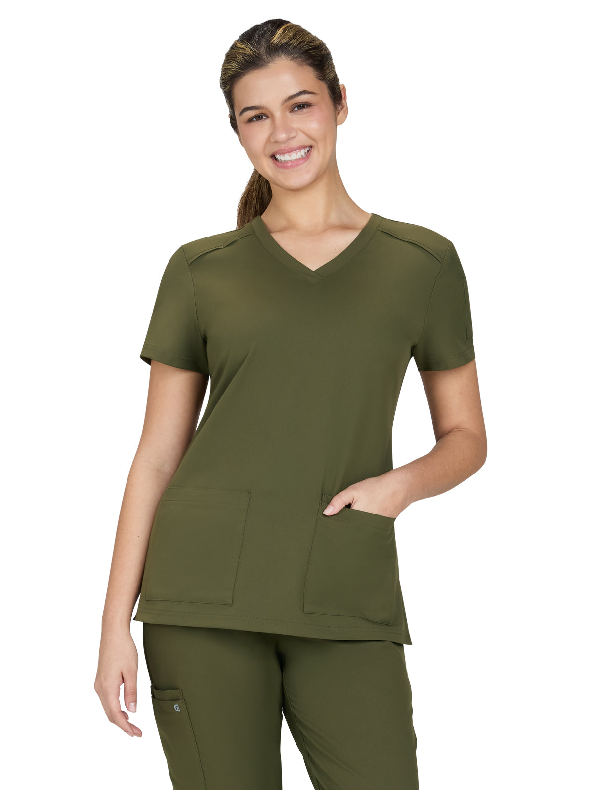 Women's Three-Pocket V-Neck Cardi Top - C101 - Olive Green