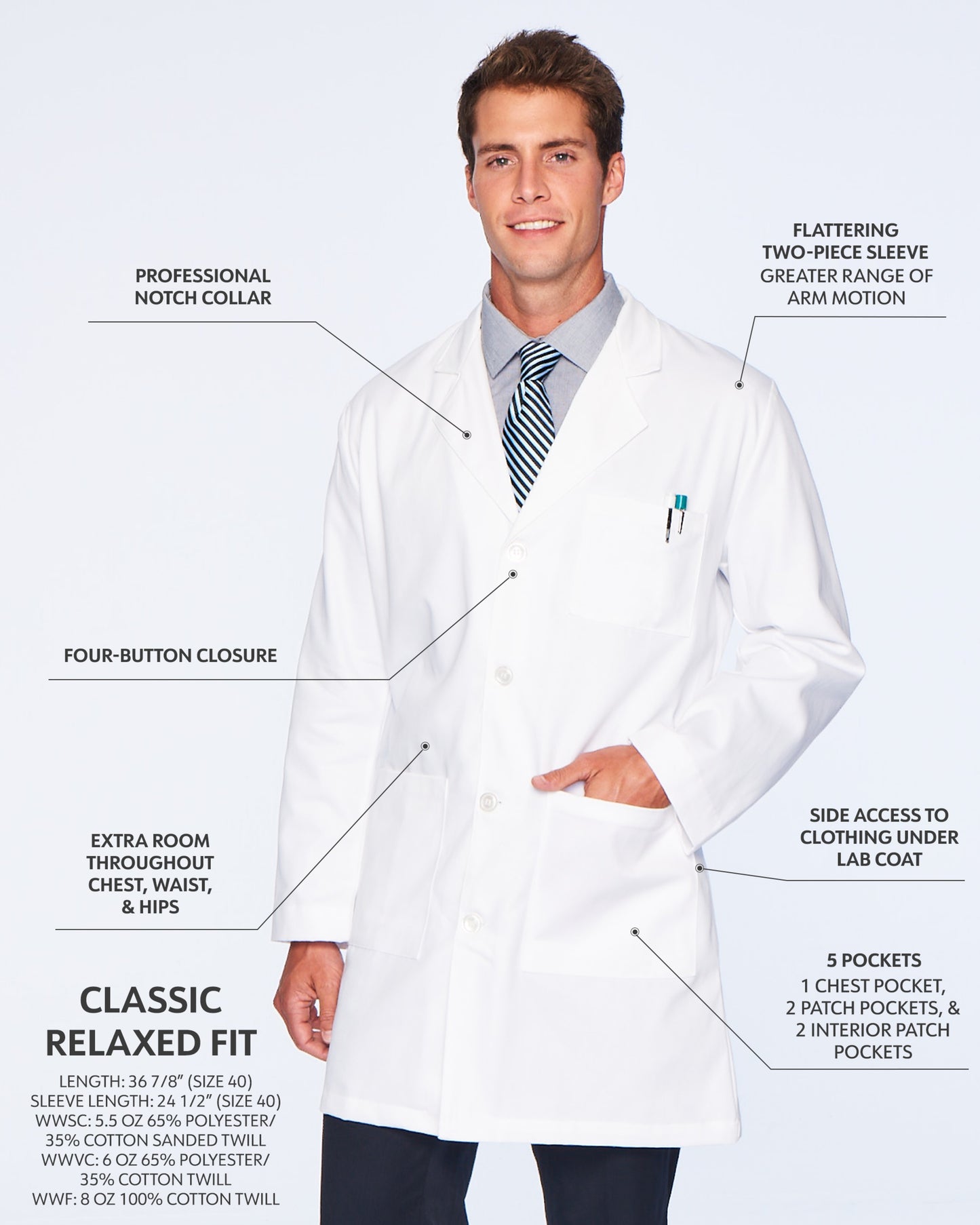 Men's Five-Pocket Poly/Cotton 37" Full-Length Lab Coat