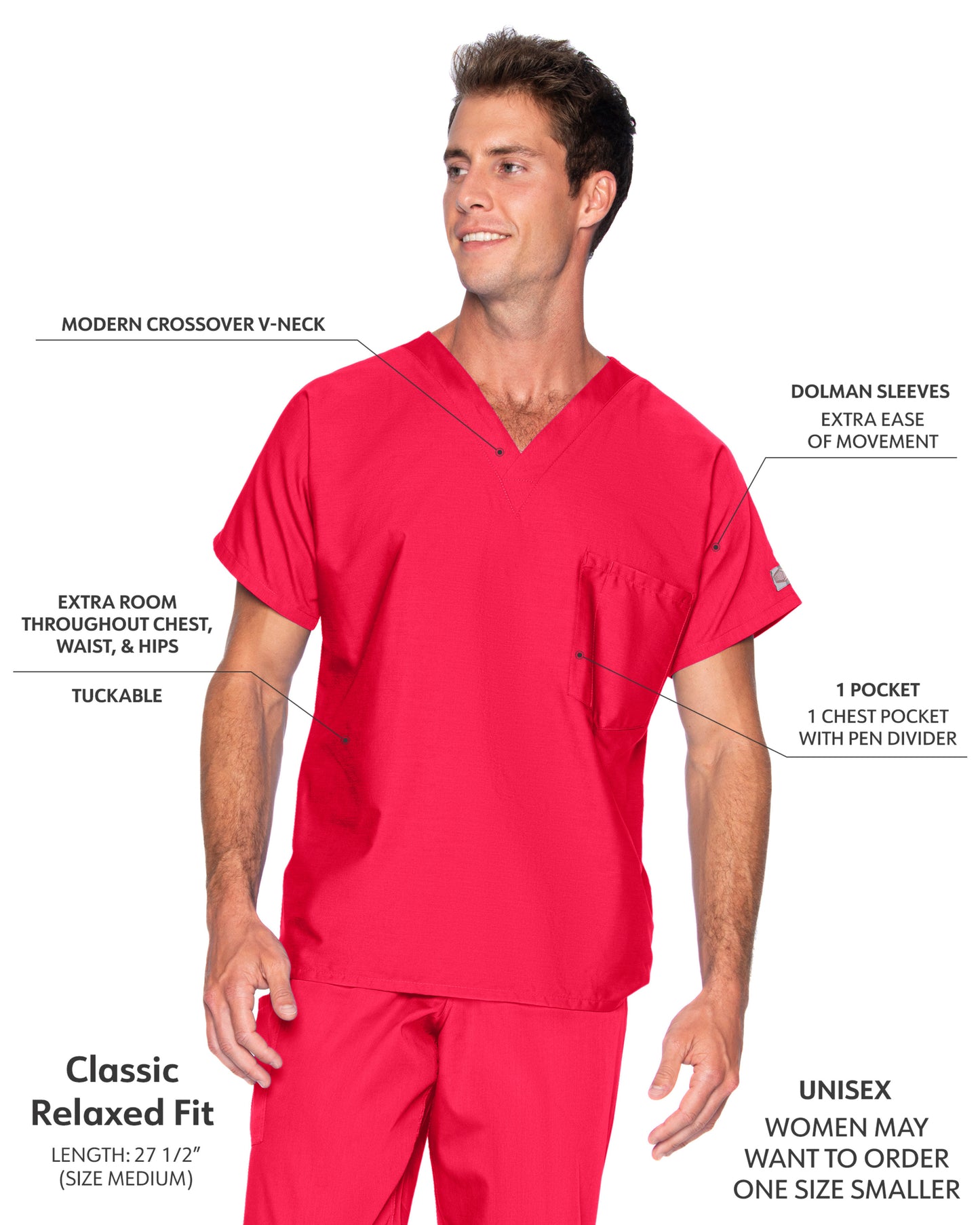 Unisex 1-Pocket Dolman Sleeve Tuckable V-Neck Scrub Top