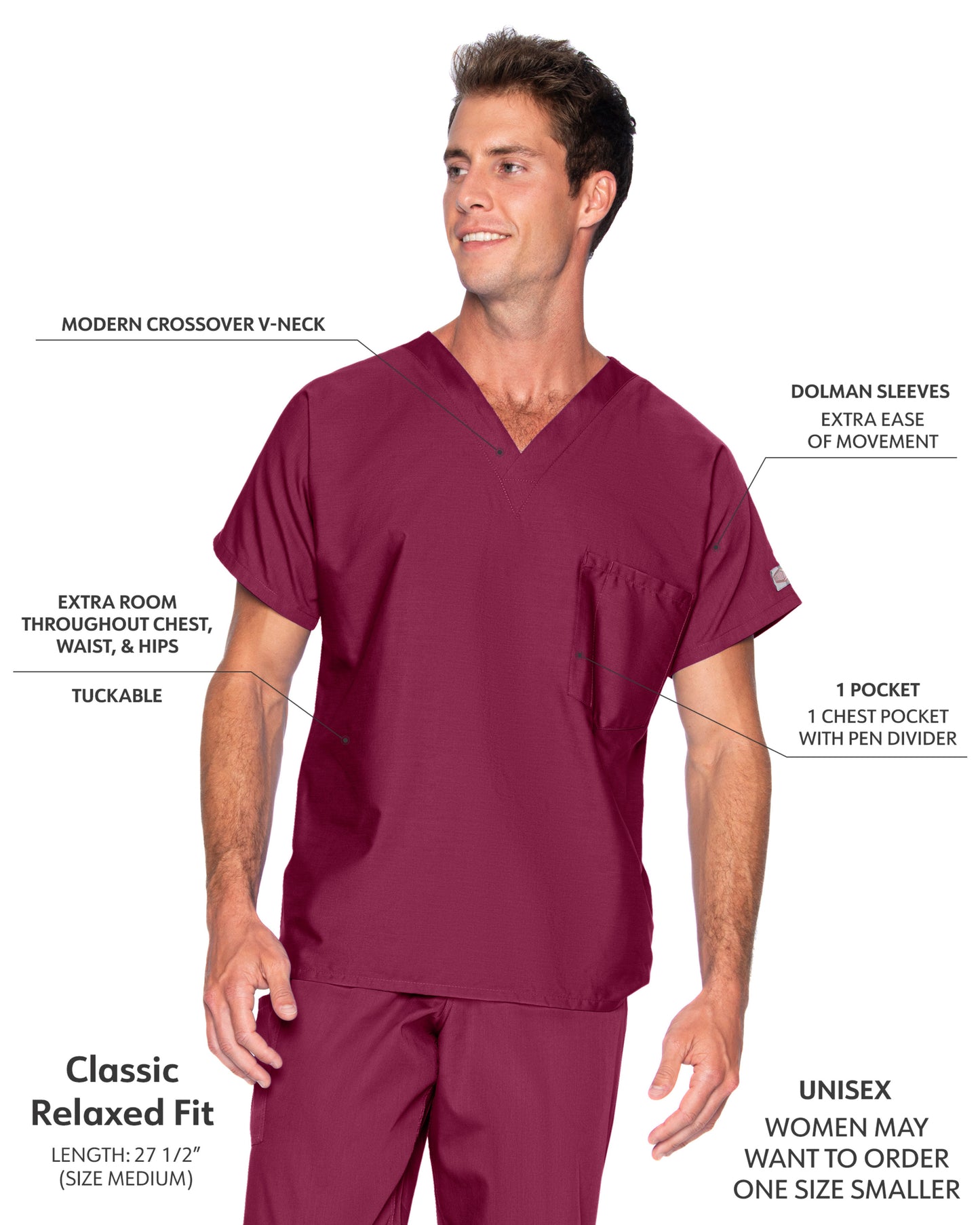 Unisex 1-Pocket Dolman Sleeve Tuckable V-Neck Scrub Top