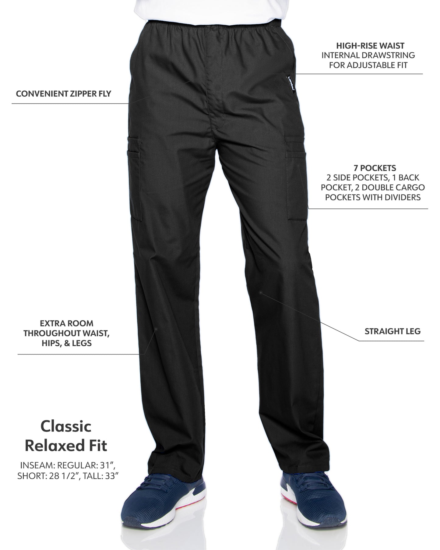 Men's 7-Pocket High-Rise Elastic Waist Cargo Scrub Pant