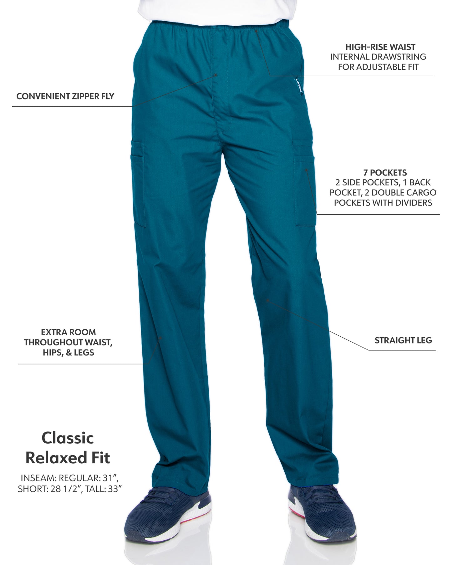 Men's 7-Pocket High-Rise Elastic Waist Cargo Scrub Pant