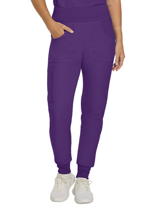 Women's 7-Pocket Mid-Rise Rib-Knit Elastic Waist Cargo Scrub Pant