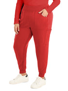 Women's Seven-Pocket Mid-Rise Rib-Knit Elastic Waist Cargo Pant - LB401 - Red