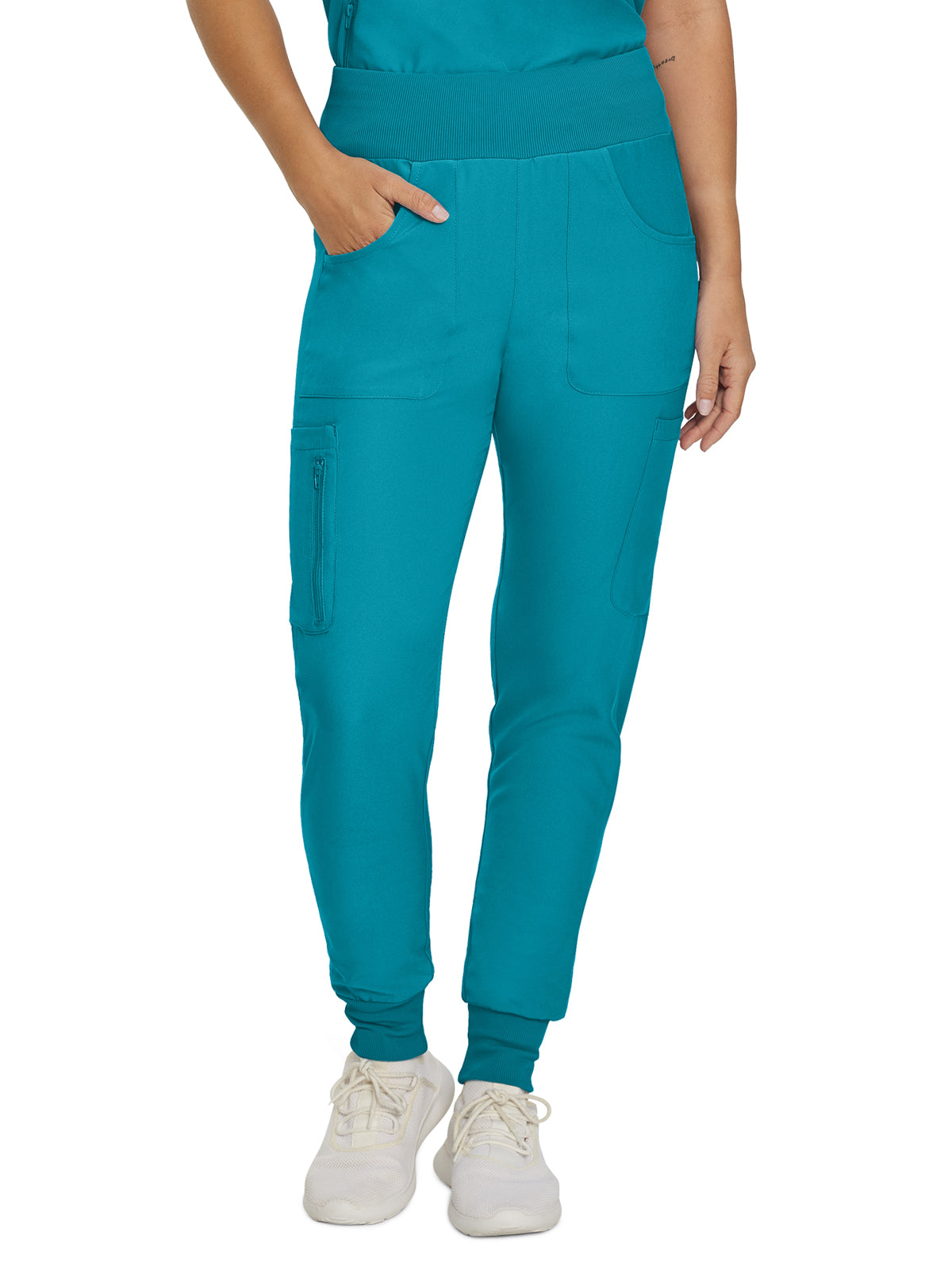 Women's Seven-Pocket Mid-Rise Rib-Knit Elastic Waist Cargo Pant - LB401 - Teal
