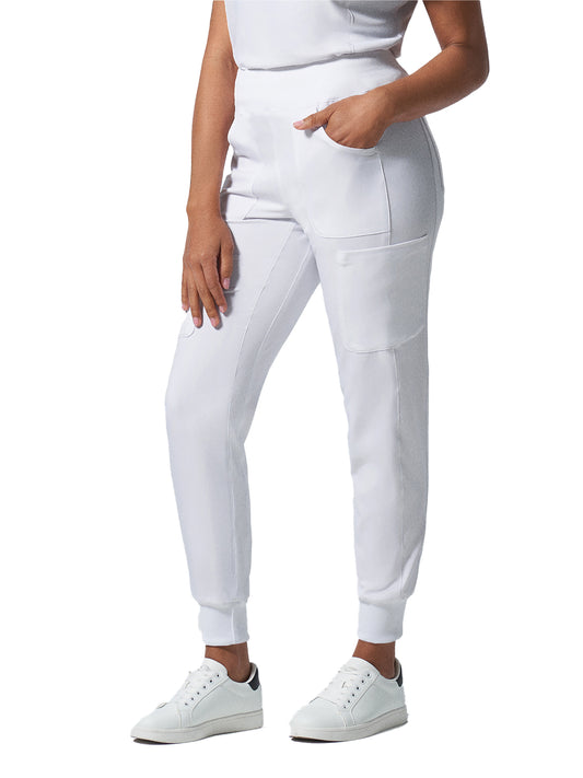 Women's Seven-Pocket Mid-Rise Rib-Knit Elastic Waist Cargo Pant - LB401 - White