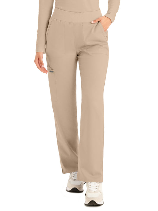 Women's 5-Pocket Mid-Rise Rib-Knit Elastic Waist Straight Leg Scrub Pant