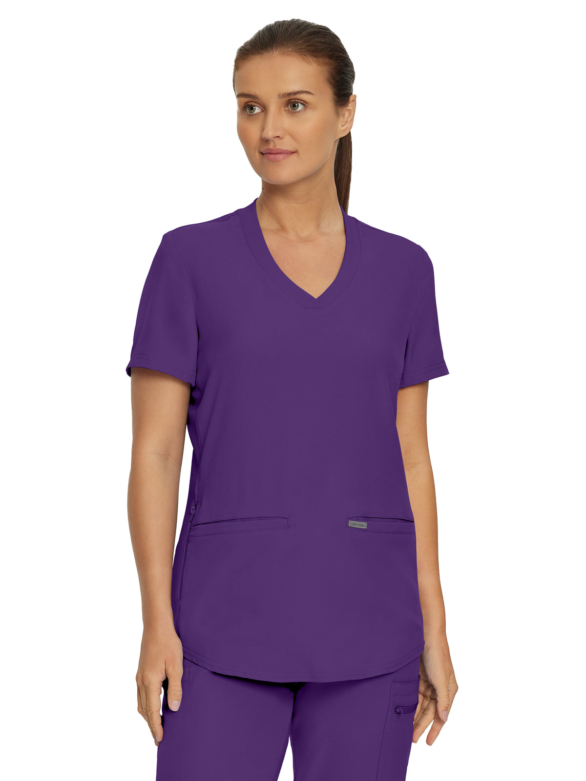 Women's Three-Pocket Rib-Knit Neckline V-Neck Top - LT100 - Eggplant