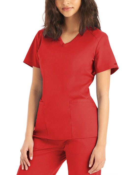 Women's Three-Pocket V-Neck Top - LT105 - True Red