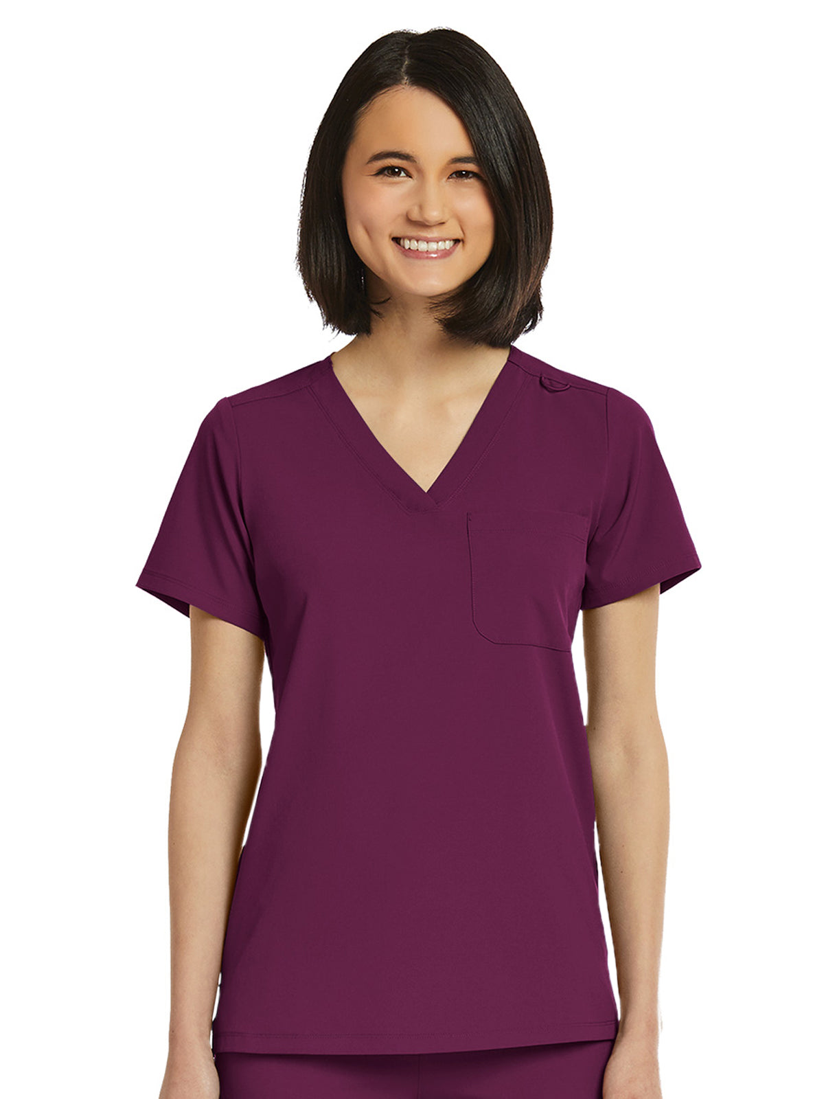 Women's Fitted One-Pocket V-Neck Top - SJ101 - Wine