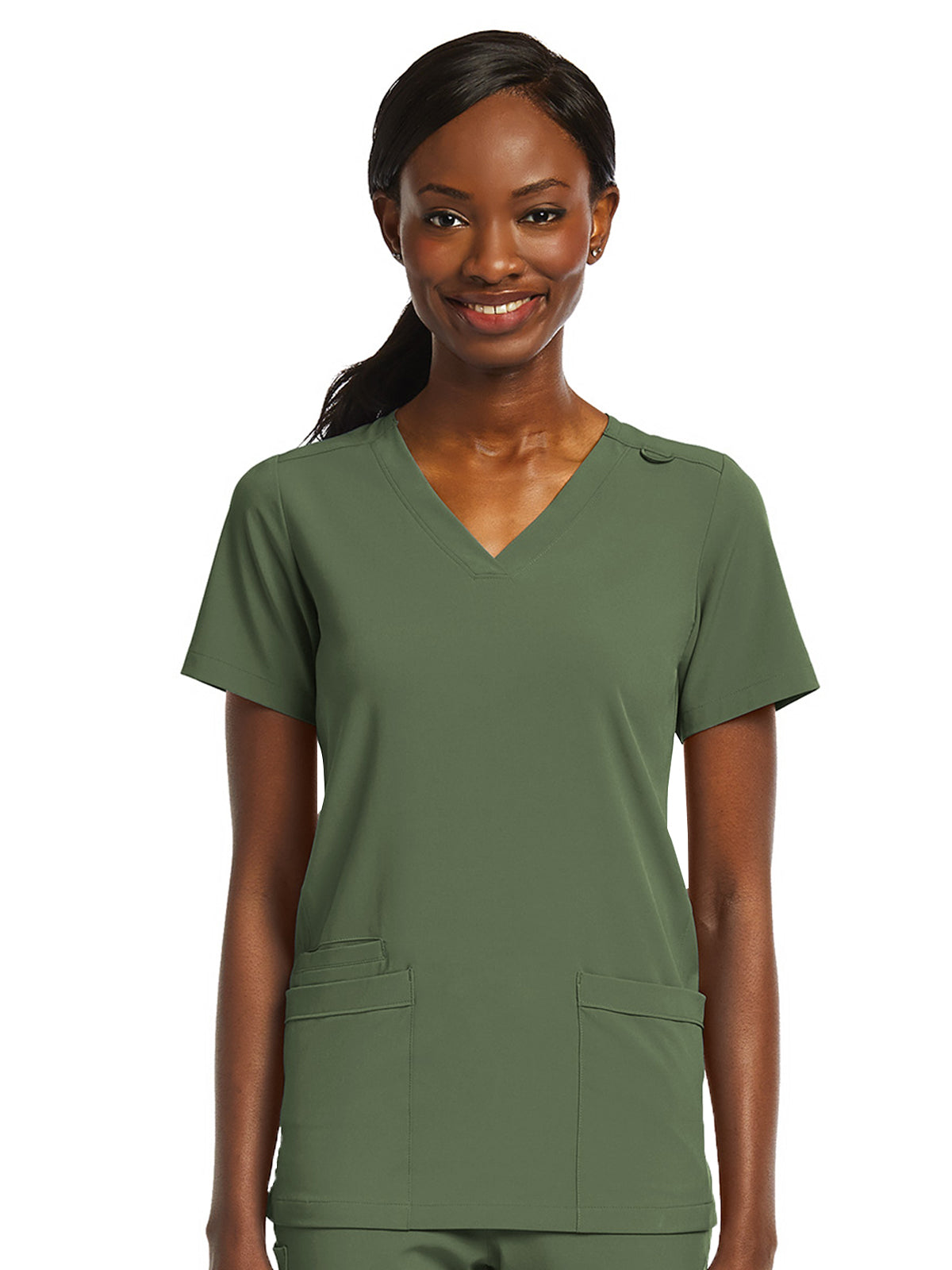 Women's Fitted Two-Pocket V-Neck Top - SJ102 - Olive