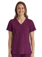 Women's Fitted Six-Pocket V-Neck Top - SJ103 - Wine
