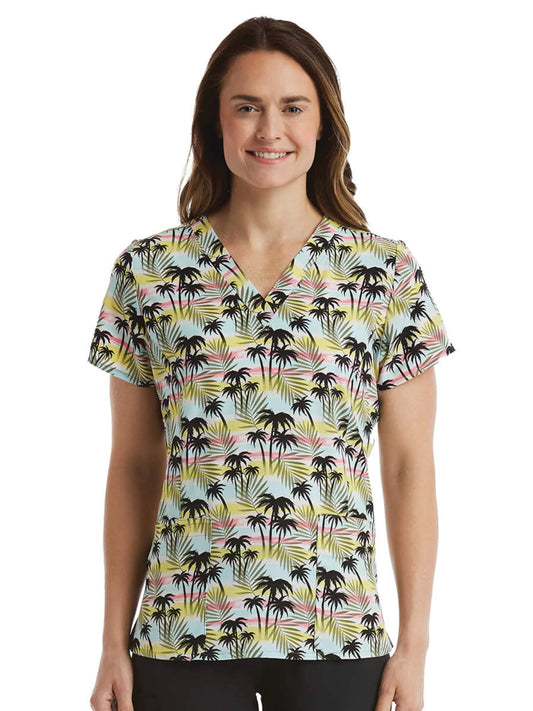 Women's Two-Pocket V-Neck Print Top - SJP1 - Palm Tree