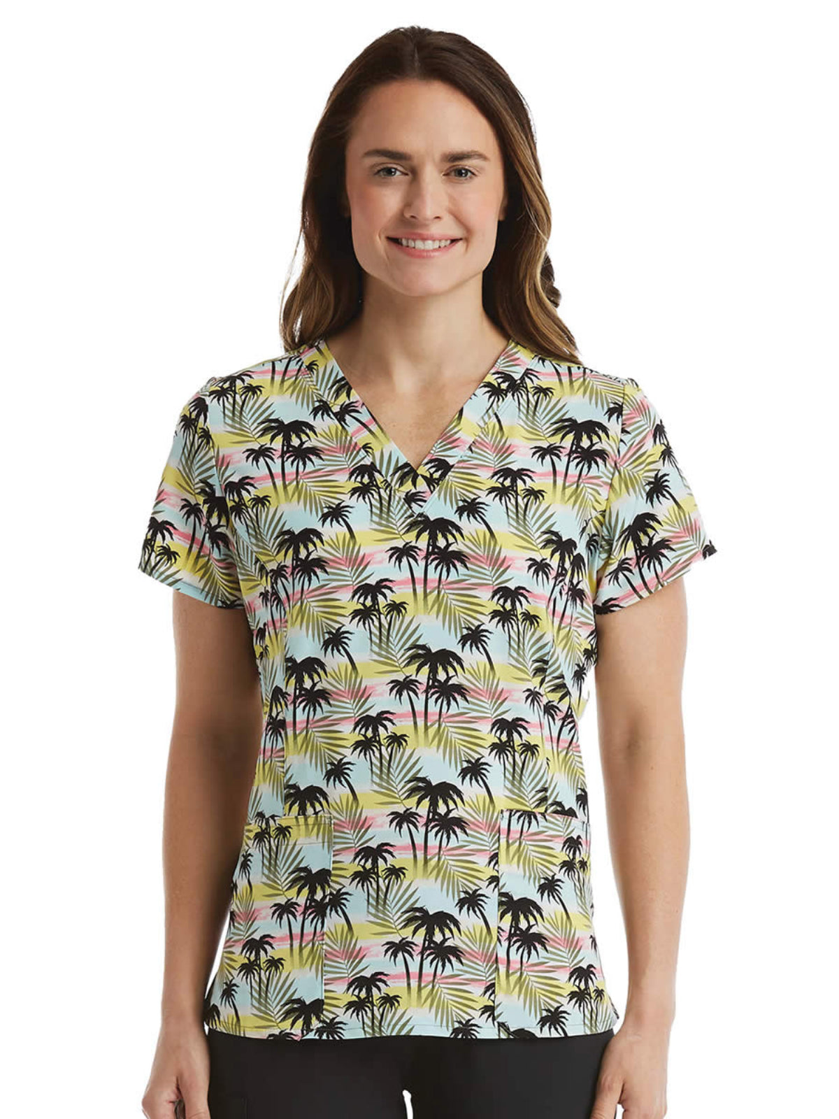 Women's Two-Pocket V-Neck Print Top