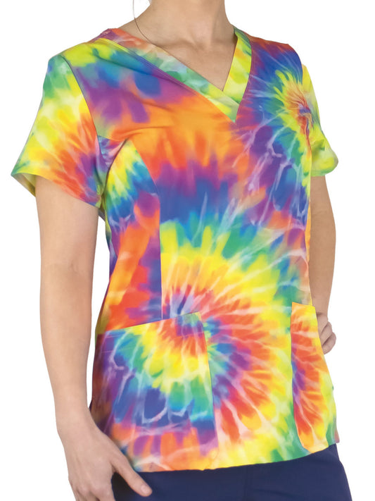 Women's Two-Pocket V-Neck Print Top - SJP1 - Rainbow Tie Dye