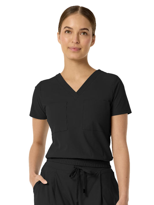 Women's Two-Pocket CELINE Tuck Band V-Neck Top - 1016 - Black