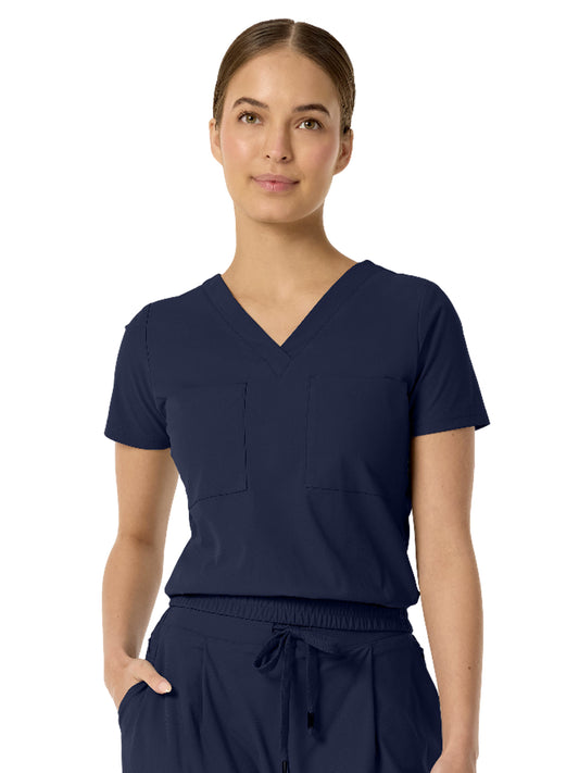 Women's Two-Pocket CELINE Tuck Band V-Neck Top - 1016 - Navy