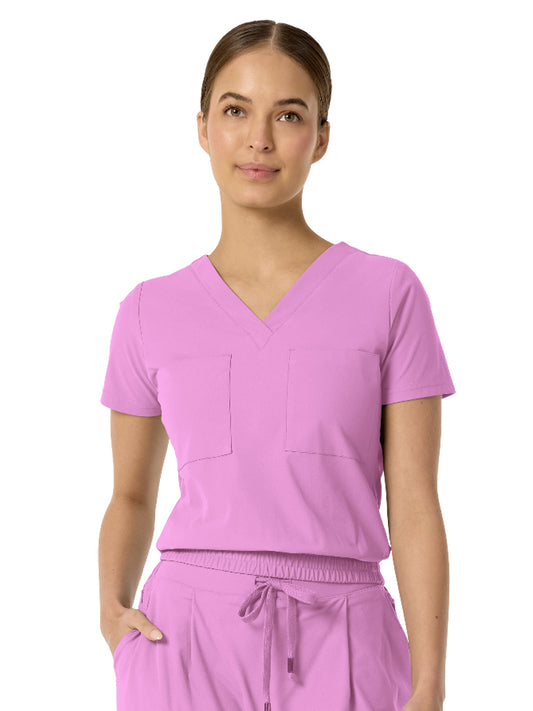 Women's Two-Pocket CELINE Tuck Band V-Neck Top - 1016 - Pink Purple