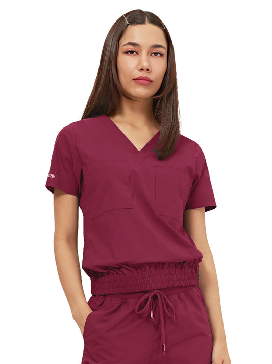 Women's Two-Pocket LUNA Tuck Band V-Neck Top - 1018 - Wine