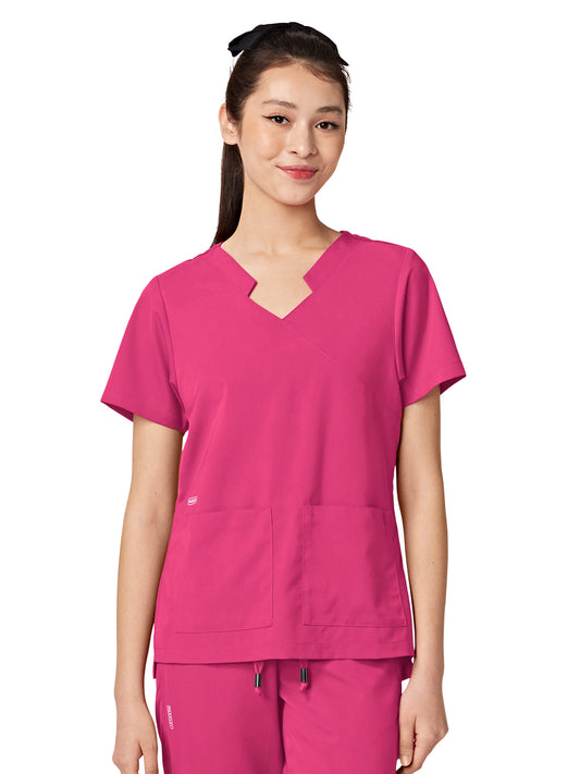 Women's Two-Pocket TESS Mandarin Mock Wrap Top - 1041 - Hot Pink