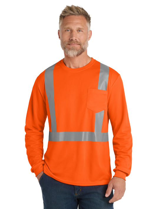 Men's One-Pocket ANSI 107 Class 2 Mesh Long Sleeve Tee - CS201 - Safety Orange