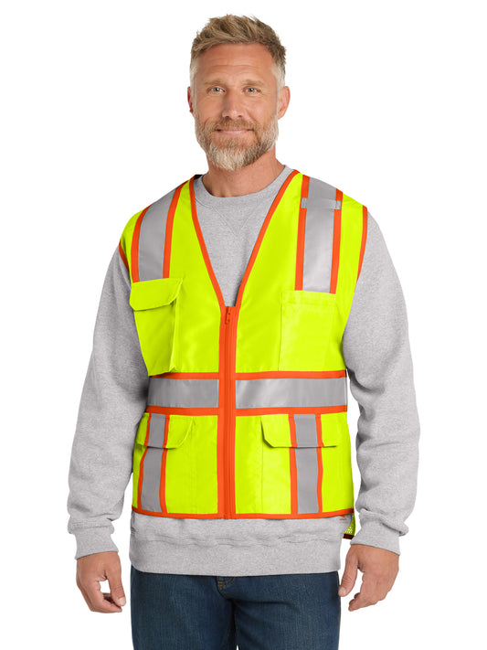 Men's Multi-Pocket ANSI 107 Class 2 Surveyor Zippered Two-Tone Vest - CSV105 - Safety Yellow