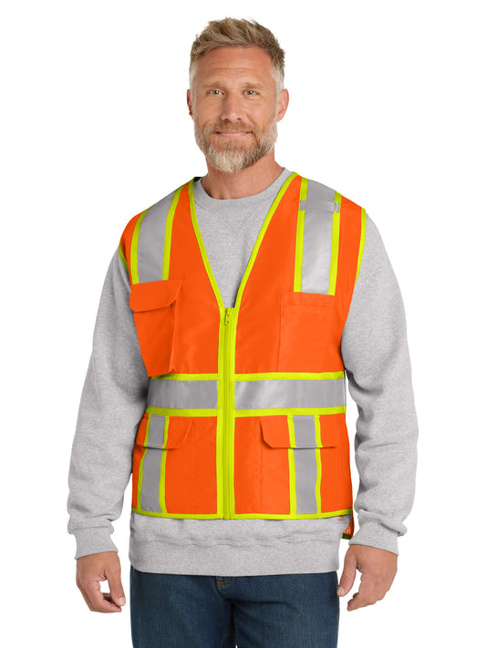 Men's Multi-Pocket ANSI 107 Class 2 Surveyor Zippered Two-Tone Vest - CSV105 - Safety Orange