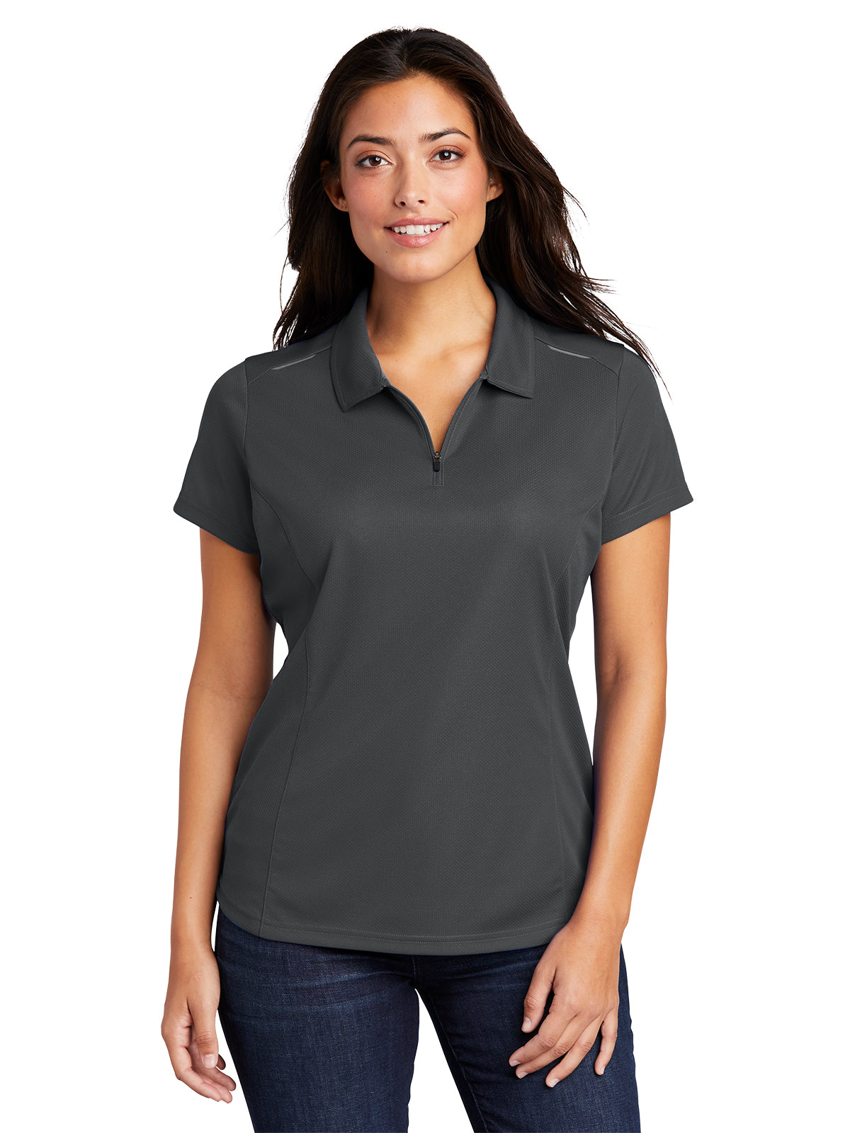 Women's Pinpoint Mesh Zip Polo Shirt - L580 - Battleship Grey