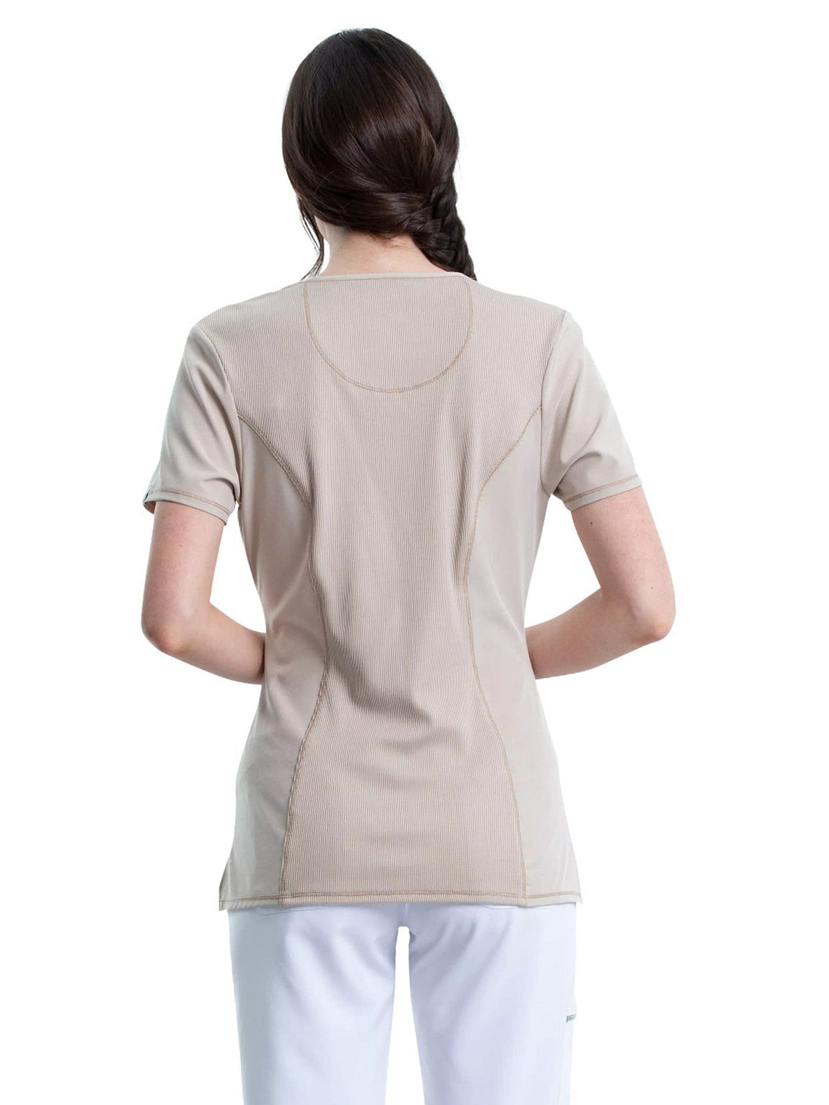 Women's Stretch Rib-knit Back Panel Round Neck Top