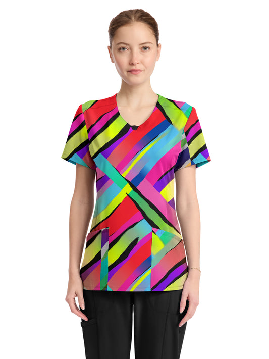 Women's 3-Pocket Round Neck Print Top - CK609 - Color Block Stripe