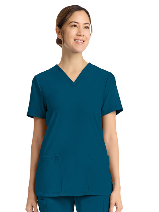 Women's 2-Pocket V-Neck Top - CK832 - Caribbean Blue