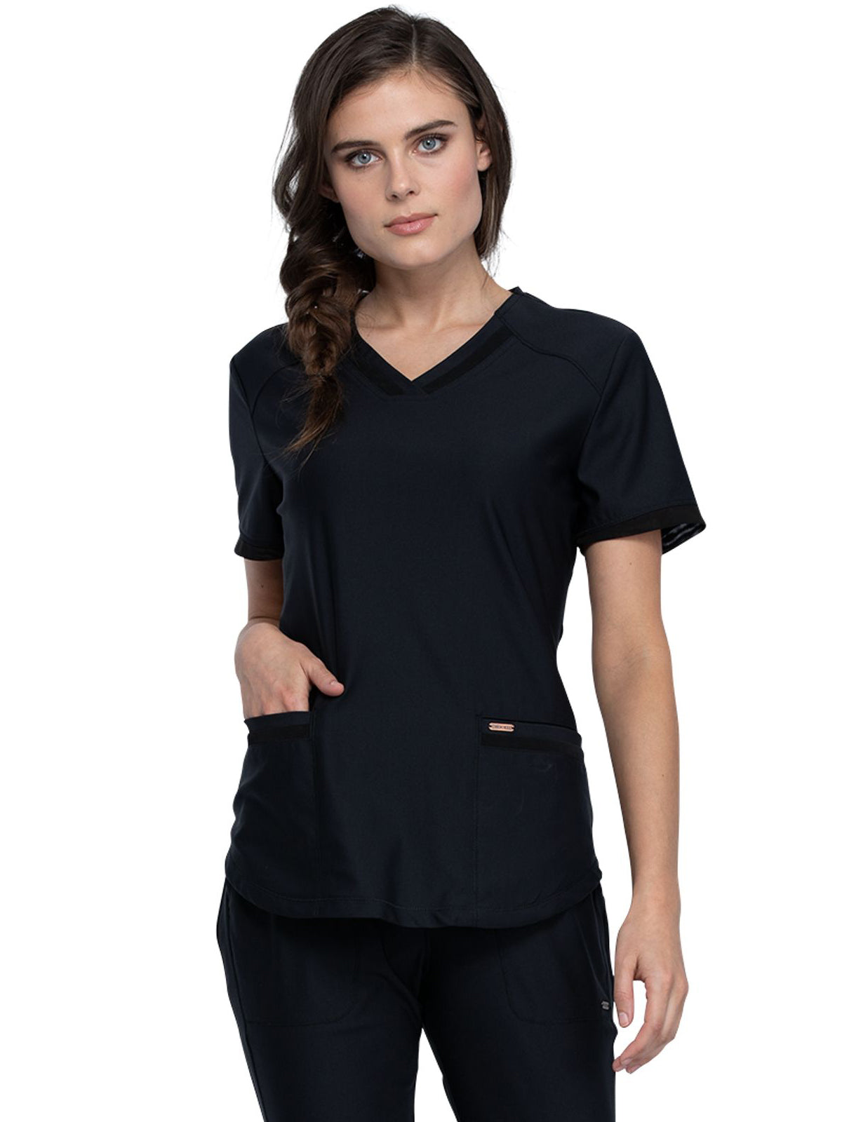 Women's 2-Pocket Curved Hemline V-Neck Top - CK840 - Black