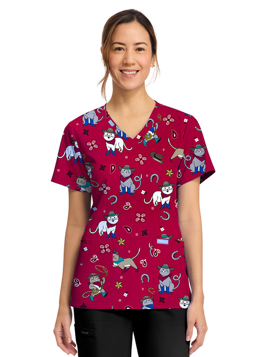 Women's 2-Pocket Print V-Neck Scrub Top - CK856 - Cowgirl Kitty