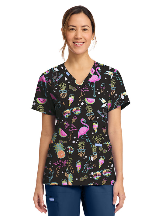 Women's 2-Pocket Print V-Neck Scrub Top - CK856 - Downtown Tropical