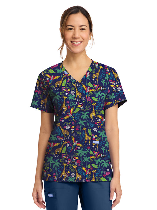 Women's 2-Pocket Print V-Neck Scrub Top - CK856 - Jungle Jive