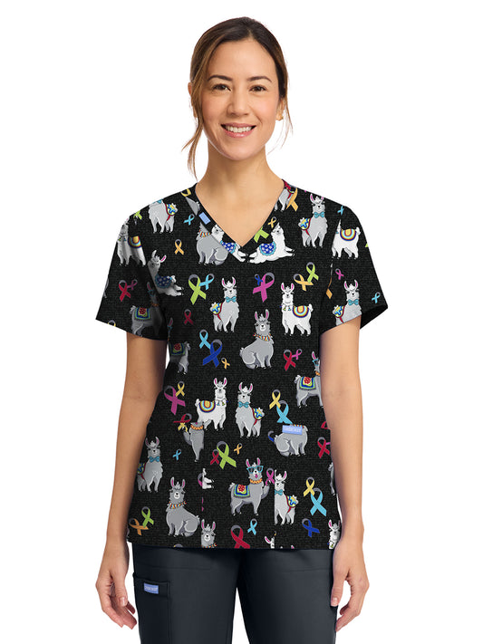 Women's 2-Pocket Print V-Neck Scrub Top - CK856 - Llama Be Aware