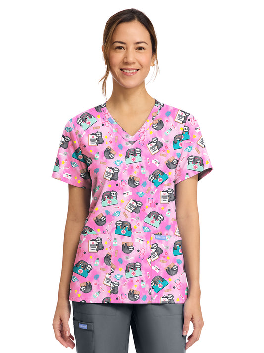 Women's 2-Pocket Print V-Neck Scrub Top - CK856 - Nurse Sloth
