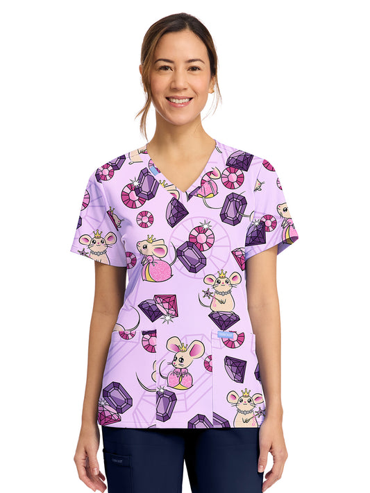Women's 2-Pocket Print V-Neck Scrub Top - CK856 - Princess Mouse
