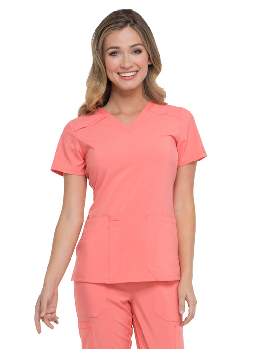Women's 2-Pocket Contemporary V-Neck Top - DK615 - Ravishing Coral