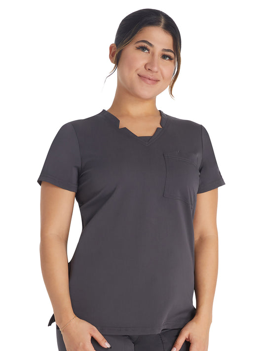 Women's 2-Pocket Notched V-Neck Top - DK671 - Pewter