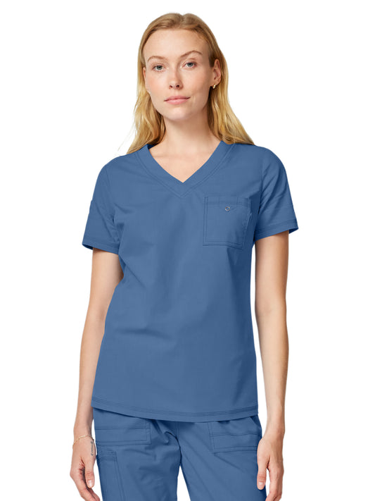 Women's 1-Pocket V-Neck Tuck-In Scrub Top - DK857 - Vintage Blue