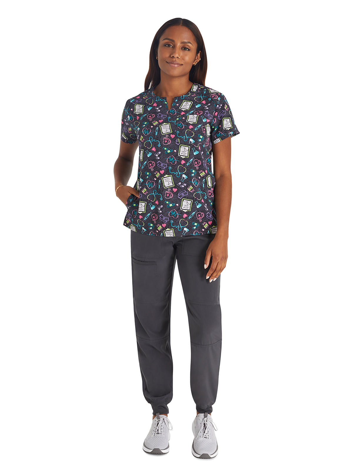 Women's 3-Pocket Round Neck Print Scrub Top