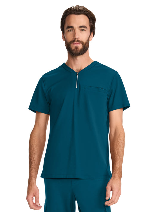 Men's 3-Pocket Ponte Quarter Zip V-Neck Scrub Top - ML620 - Caribbean Blue