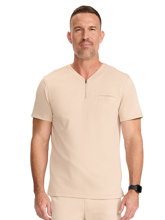 Men's 3-Pocket Ponte Quarter Zip V-Neck Scrub Top - ML620 - Toasted Tan